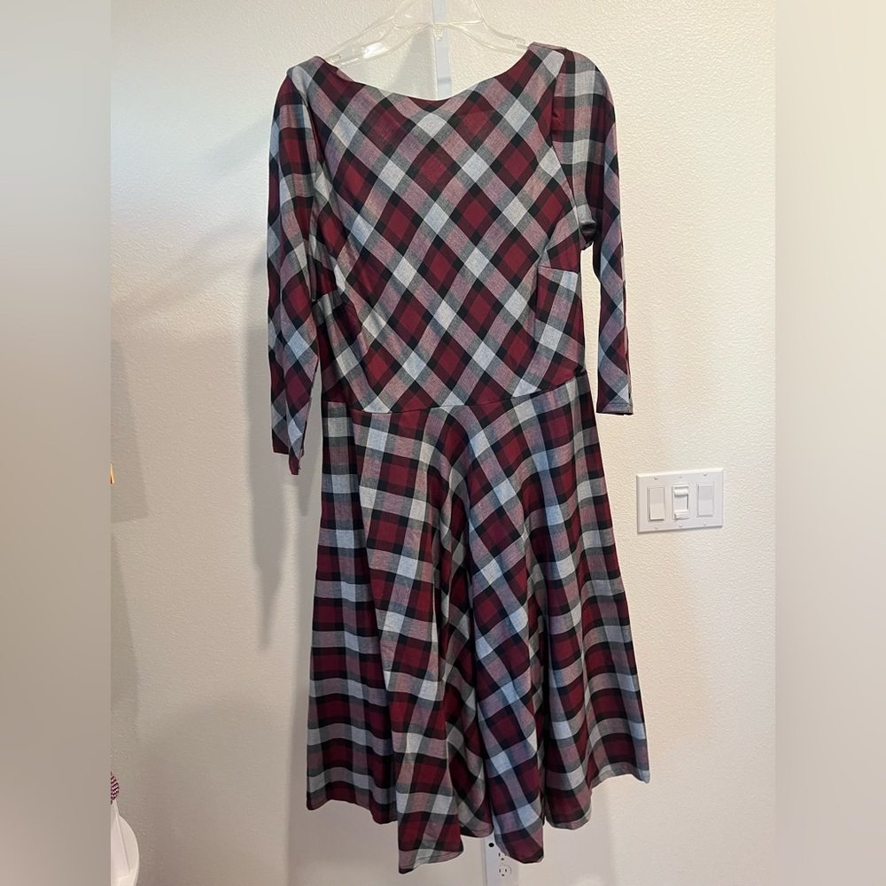 Unique Vintage Plaid Long Sleeve Dress - Red and Gray